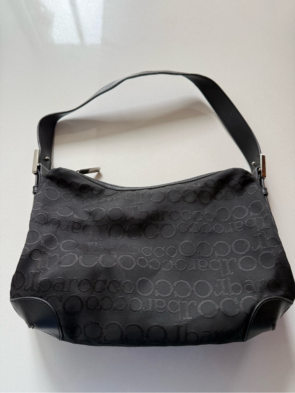 Roccobarocco Black Logo Jacquard Shoulder Bag, Monogrammed Canvas Purse